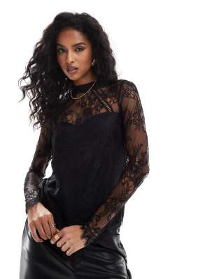 Lovedrobe Lace High Neck Long Sleeve Top In Black