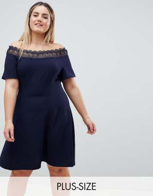 Lovedrobe Lace Trim Bardot Skater Dress-Navy