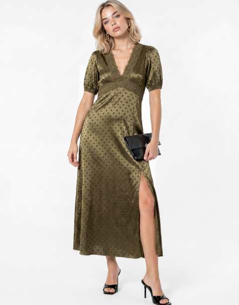 Lovedrobe Lace trim polka dot v neck midaxi dress in olive - view 1