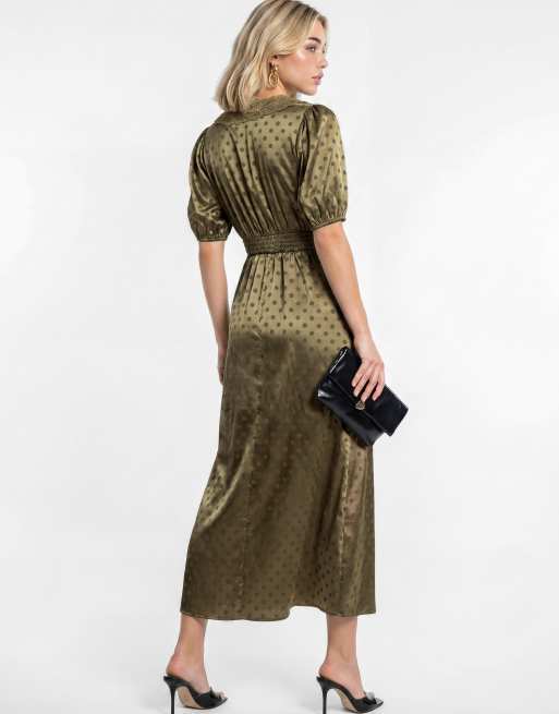 Lovedrobe Lace trim polka dot v neck midaxi dress in olive, 2 of 5