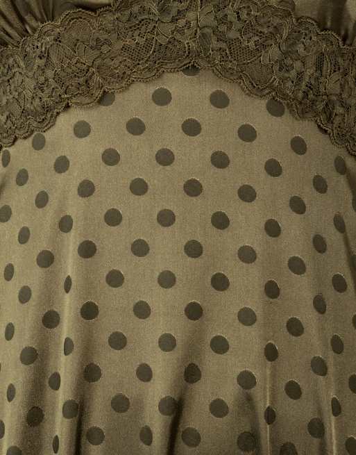 Lovedrobe Lace trim polka dot v neck midaxi dress in olive, 5 of 5