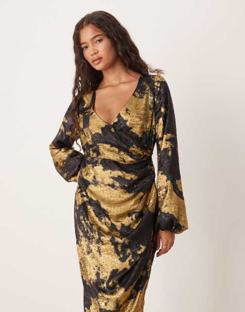 Lovedrobe Long sleeve faux wrap gathered midaxi dress in gold