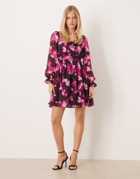 Lovedrobe Long sleeve faux wrap mini dress in fuchsia - view 1