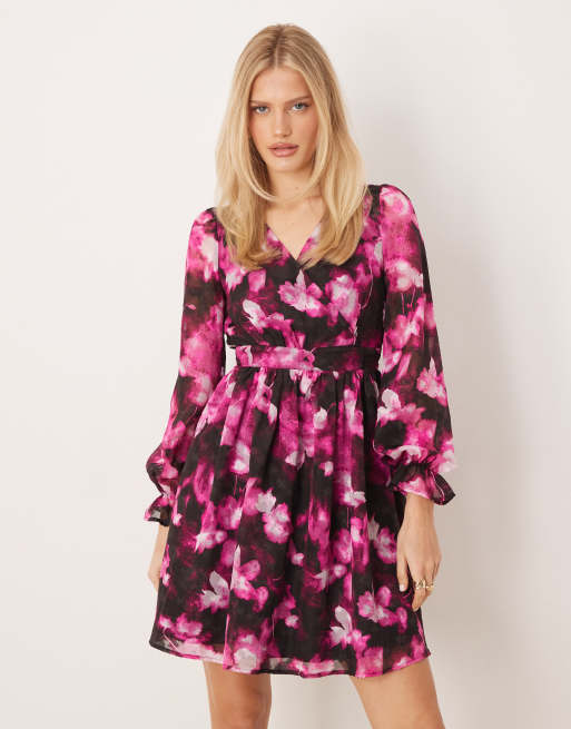 Lovedrobe Long sleeve faux wrap mini dress in fuchsia, 2 of 4
