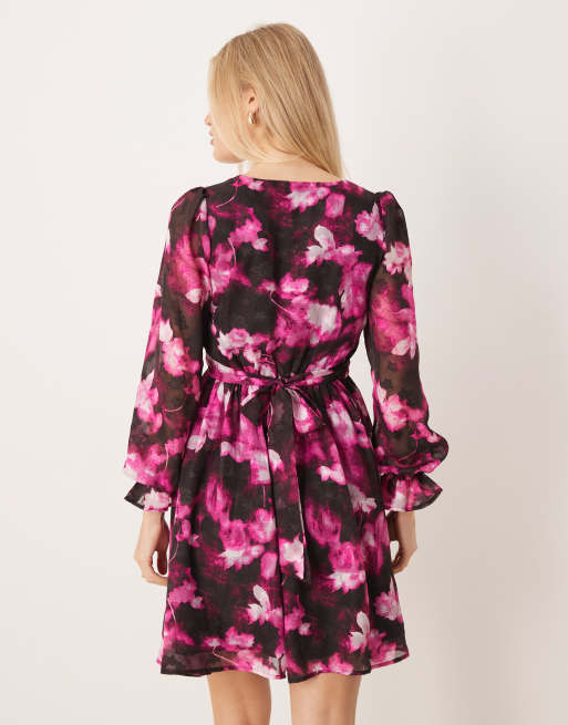 Lovedrobe Long sleeve faux wrap mini dress in fuchsia, 4 of 4
