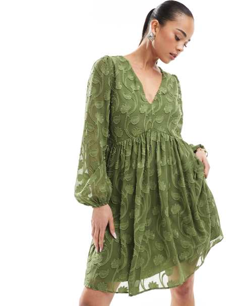 Lovedrobe Long sleeve floral burn out mini dress in khaki - view 1