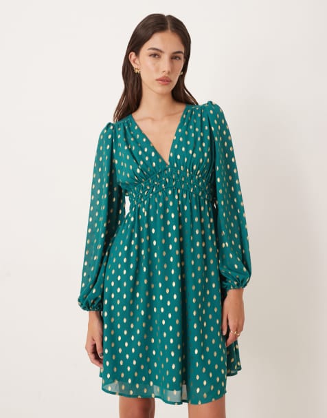 Lovedrobe Long sleeve v neck mini dress in teal green - view 1