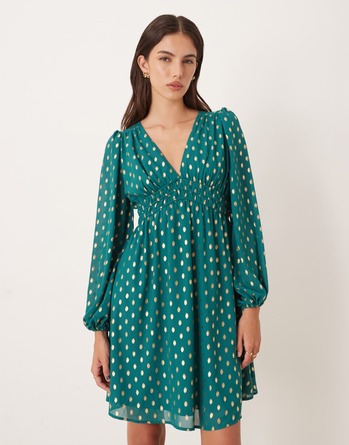Lovedrobe Long sleeve v neck mini dress in teal green