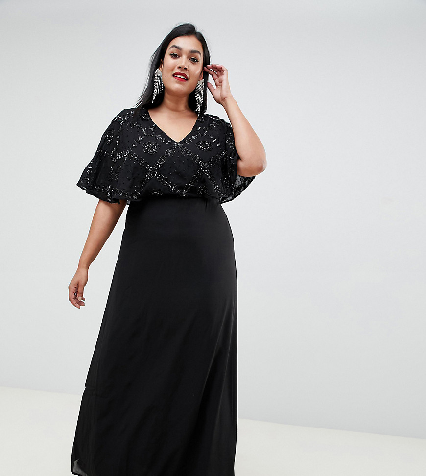 Lovedrobe Luxe Flutter Sleeve Embellished Maxi Dress-Black