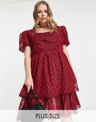 Lovedrobe Luxe midi dress with frill skirt in burgundy red