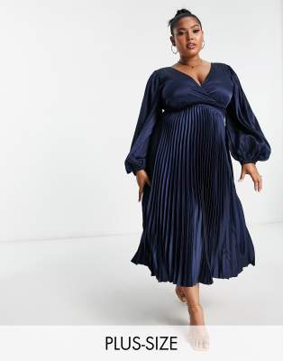 Lovedrobe Luxe Plus pleated satin midi dress with twist back detail in navy - ASOS Price Checker