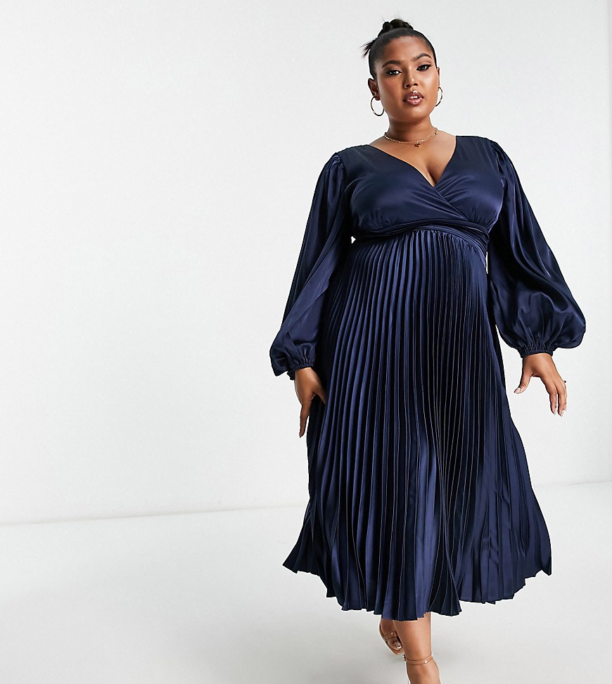 Lovedrobe Luxe Plus pleated satin midi dress with twist back detail in navy-Multi