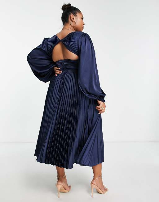 Lovedrobe Luxe Plus pleated satin midi dress with twist back detail in navy