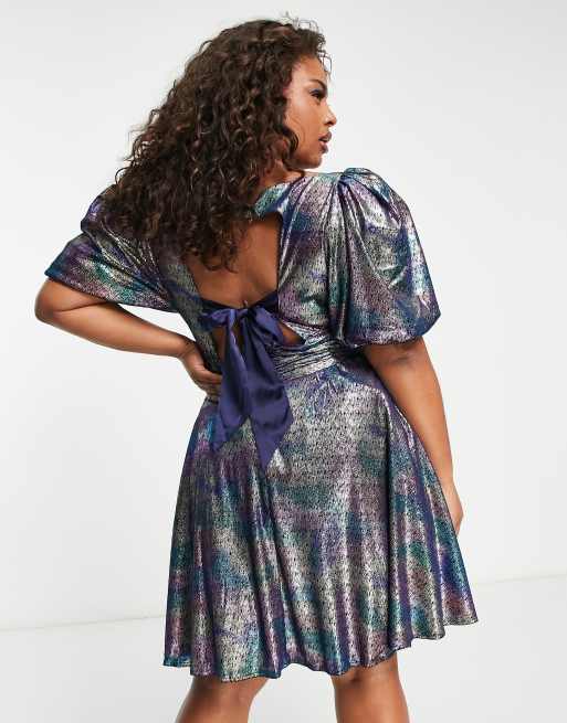 Lovedrobe Luxe Plus velour mini dress with bow back in oil slick print