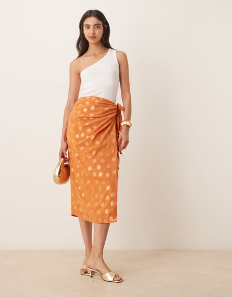 Lovedrobe Metallic orange wrap midi skirt in orange
