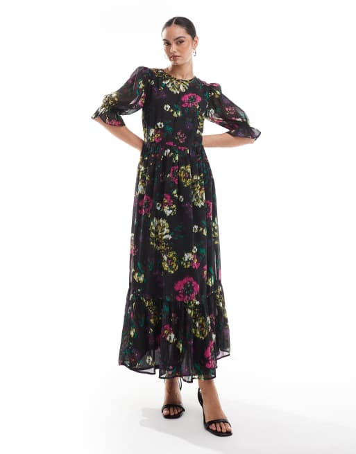 Lovedrobe – Midaxi-Kleid in Schwarz mit Blumenmuster