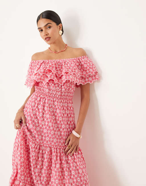 Lovedrobe - Midi jurk met borduursel en bardot-halslijn in roze, 2 van 4
