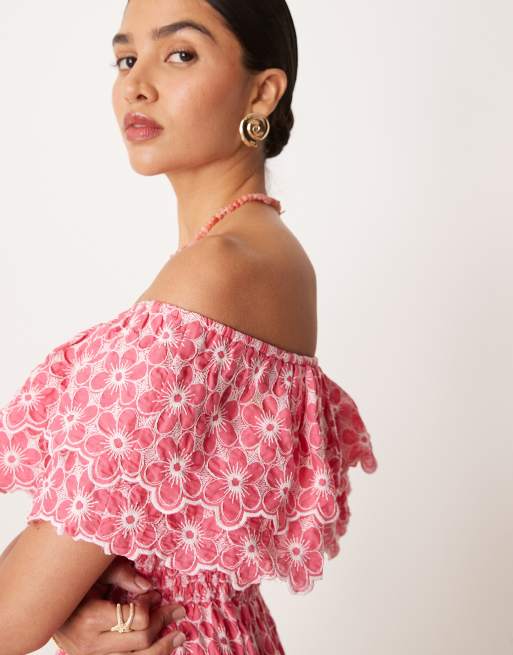 Lovedrobe - Midi jurk met borduursel en bardot-halslijn in roze, 3 van 4