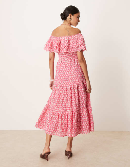 Lovedrobe - Midi jurk met borduursel en bardot-halslijn in roze, 4 van 4