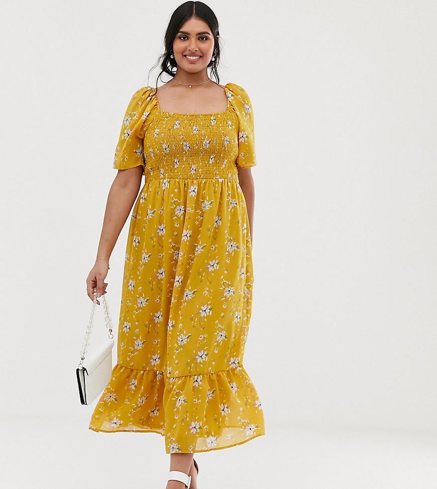 Lovedrobe - Midi-jurk met pofmouwen, gesmokt lijfje en uitlopende mouwen met fijne bloemenprint-Geel
