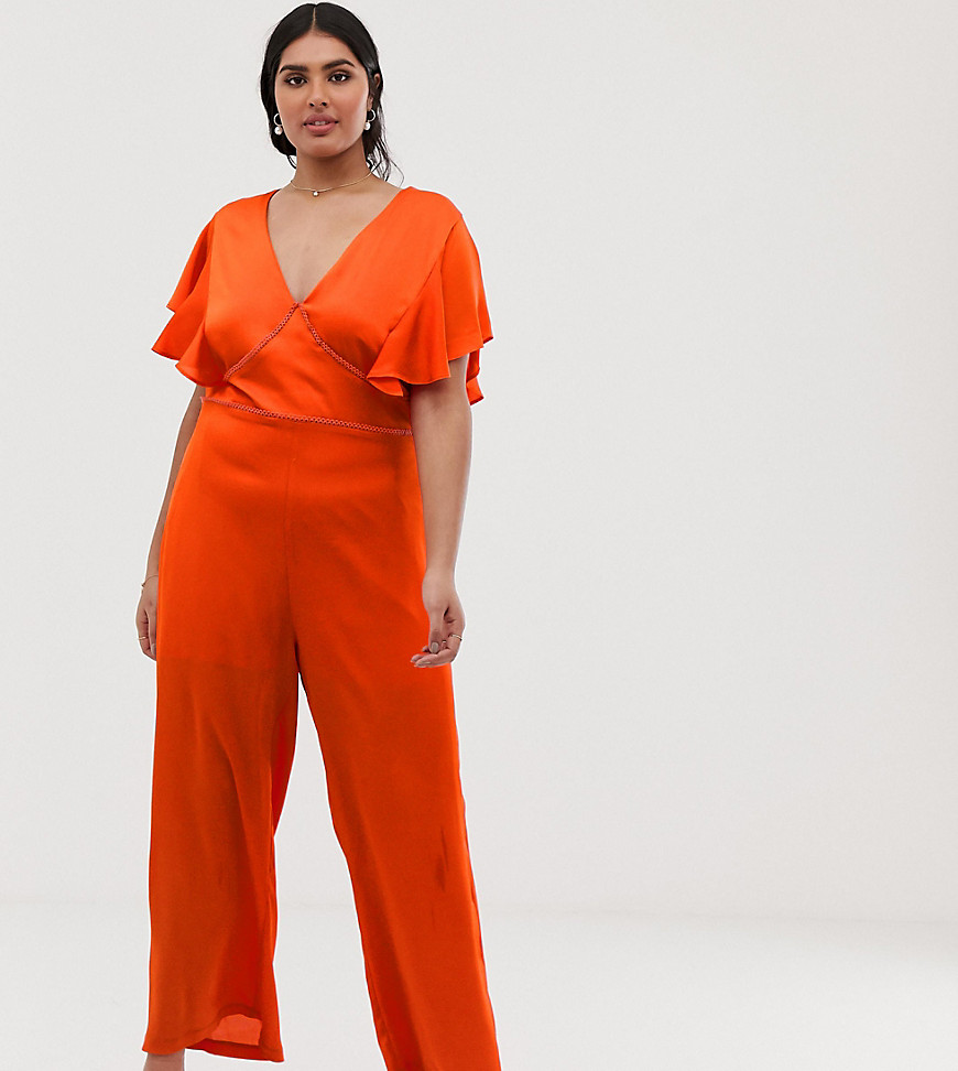 Lovedrobe – Orange v-ringad jumpsuit med vida ben och spetsinslag