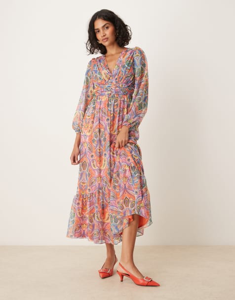 Lovedrobe Paisley v neck long sleeve midaxi dress in multi - view 1