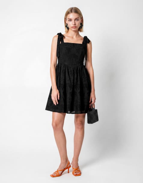 Lovedrobe Palm broderie tie-shoulder mini dress in black - view 1