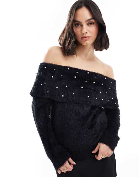 Lovedrobe Pearl embellished bardot jumper in black