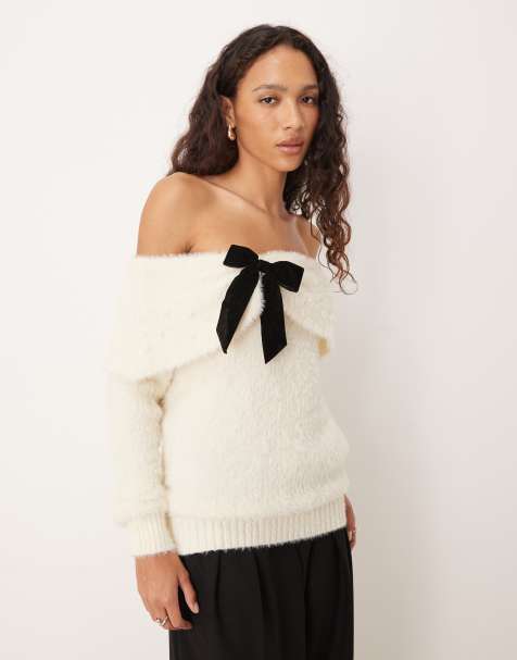 Lovedrobe Pearl embellished velvet bow bardot jumper in ivory - view 1