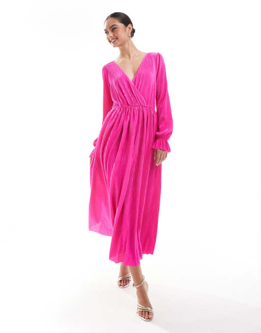 Lovedrobe - Plissé midaxi jurk met lange mouwen in fuchsia