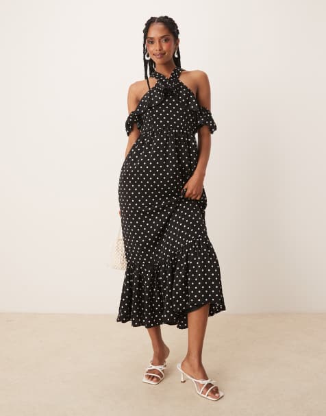 Lovedrobe Polka dot could shoulder halter neck midaxi dress in black 