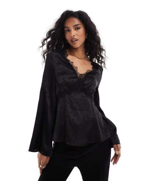 Lovedrobe Polka dot long sleeve satin top in black - view 1