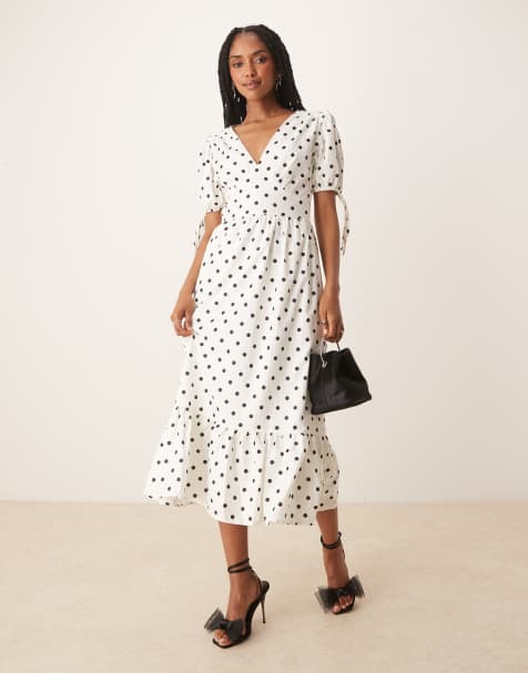 Lovedrobe Polka dot short sleeve open back midi dress in white - view 1