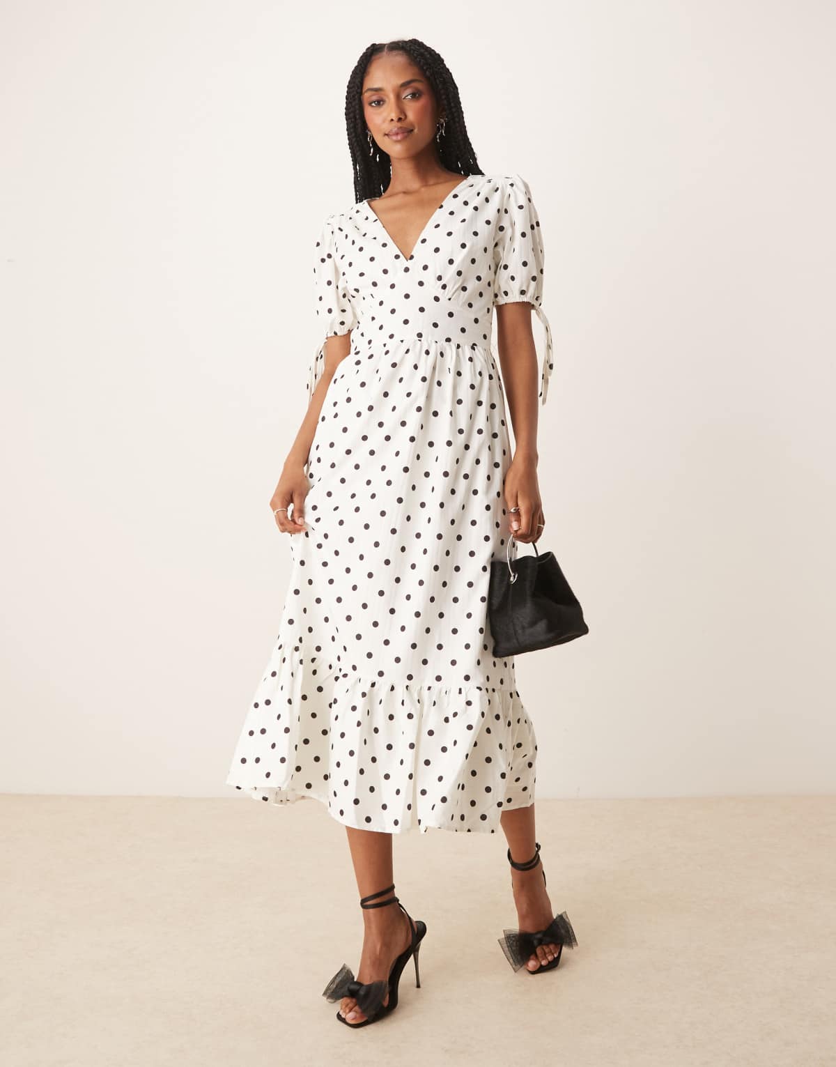 Lovedrobe Polka dot short sleeve open back midi dress in white