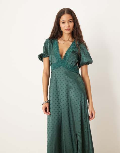 Lovedrobe Polka dot short sleeve v neck midaxi dress in emerald