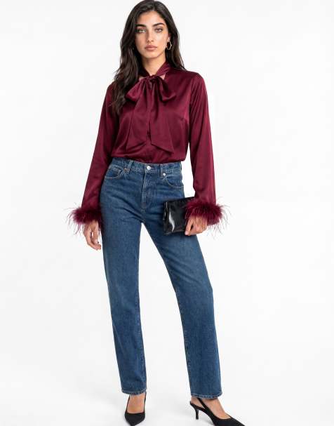 Lovedrobe Pussybow collar feather cuffs button up satin blouse in berry - view 1