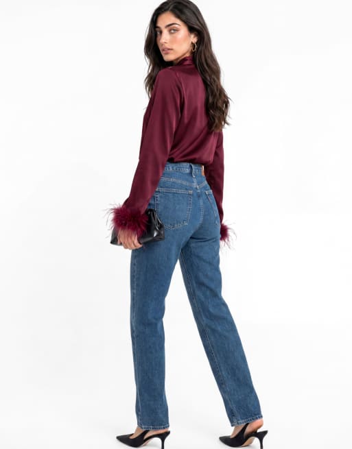 Lovedrobe Pussybow collar feather cuffs button up satin blouse in berry, 2 of 5