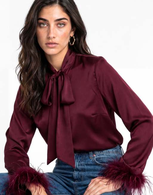 Lovedrobe Pussybow collar feather cuffs button up satin blouse in berry, 3 of 5