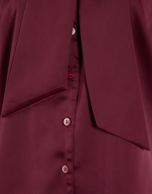 Lovedrobe Pussybow collar feather cuffs button up satin blouse in berry, 5 of 5