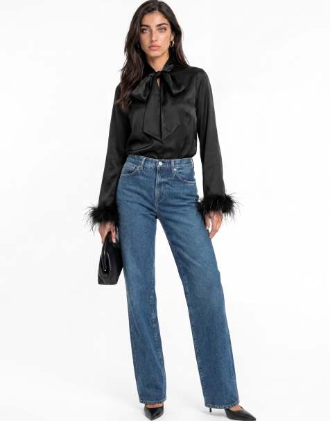 Lovedrobe Pussybow collar feather cuffs button up satin blouse in black - view 1