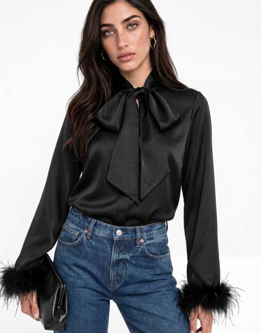Lovedrobe Pussybow collar feather cuffs button up satin blouse in black, 3 of 5