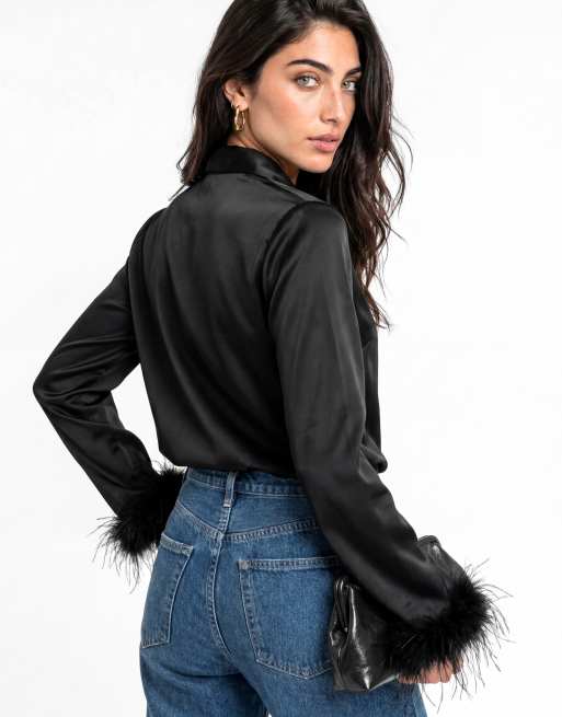 Lovedrobe Pussybow collar feather cuffs button up satin blouse in black, 4 of 5