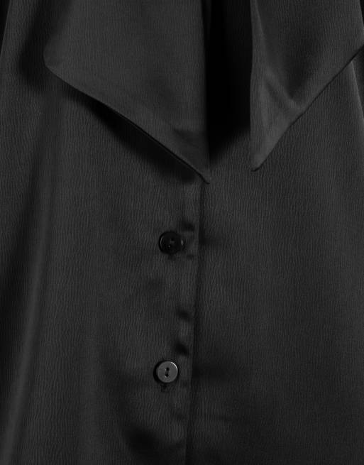 Lovedrobe Pussybow collar feather cuffs button up satin blouse in black, 5 of 5