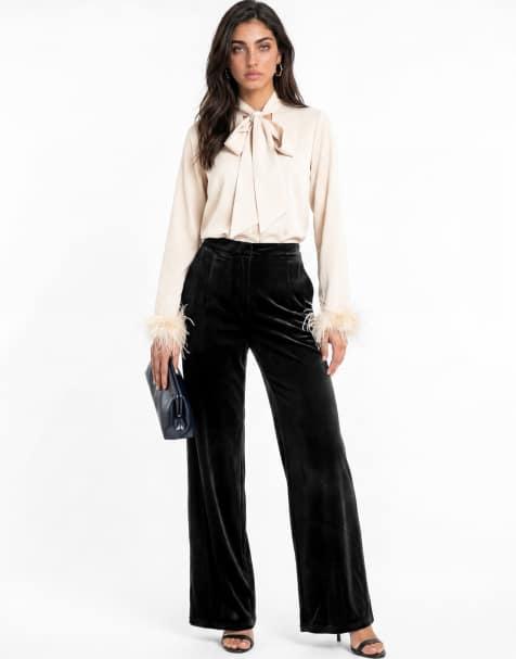 Lovedrobe Pussybow collar feather cuffs satin blouse in champagne - view 1