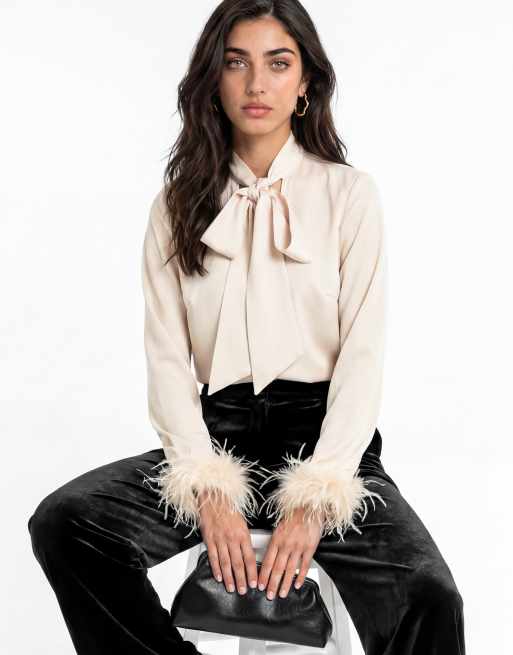 Lovedrobe Pussybow collar feather cuffs satin blouse in champagne, 3 of 5