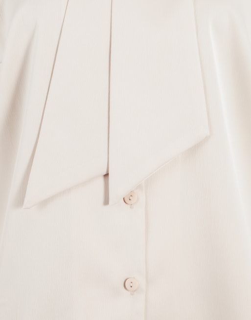 Lovedrobe Pussybow collar feather cuffs satin blouse in champagne, 5 of 5