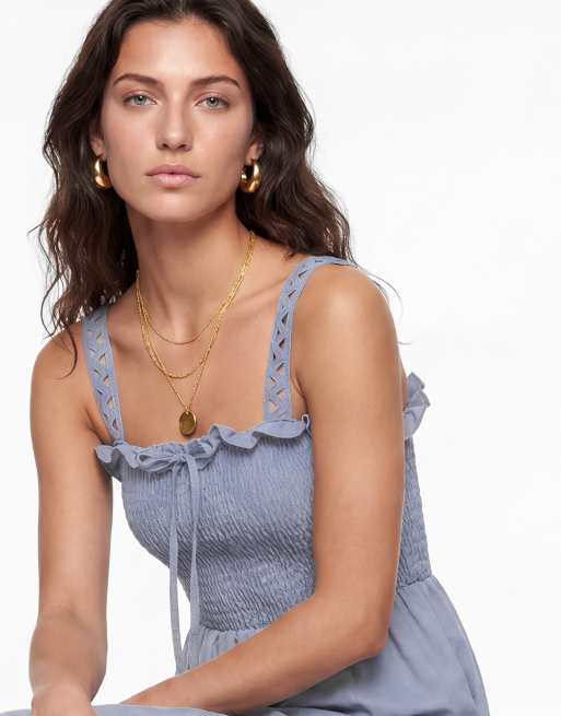 Lovedrobe Ric rac detail tiered midaxi dress in dusty blue, 2 of 4