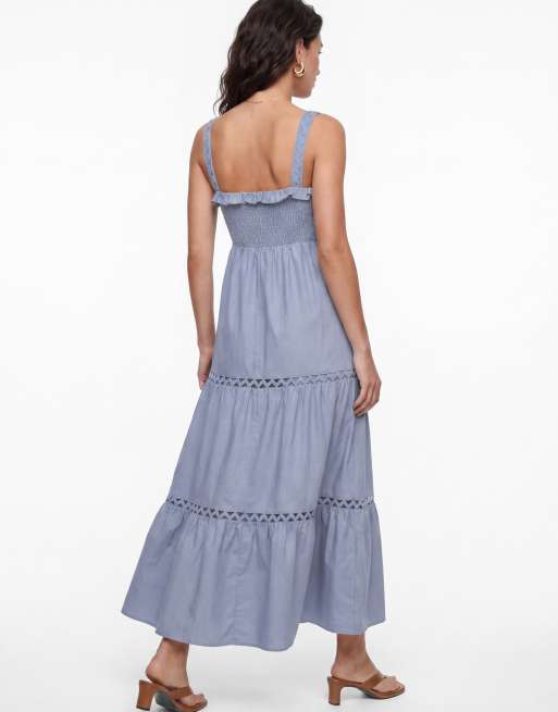 Lovedrobe Ric rac detail tiered midaxi dress in dusty blue, 3 of 4