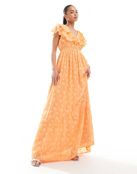 Lovedrobe - Robe longue et volantée avec col V et motif fleuri en dévoré - Orange - view 1