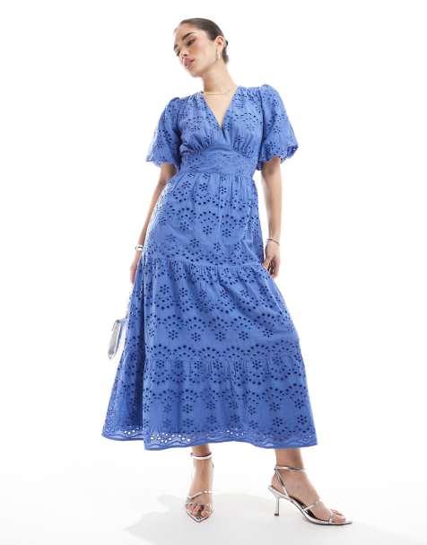 Lovedrobe - Robe mi-longue en broderie anglaise à volants et manches bouffantes - Bleu indigo - view 1